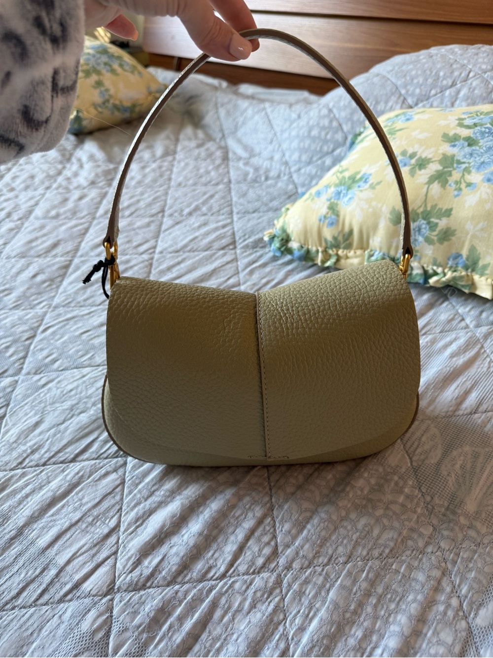 Pebbled Sage Green Shoulder Bag with Curved Flap